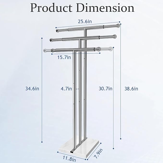 Kayfia 40'' Stainless Steel Towel Rack, Weighted Marble Base, 3 Tier | Width Adjustable Taller Design, Brushed Stainless Steel Finish, Stable Weighted Base, Suitable For Multiple Bathroom Spaces