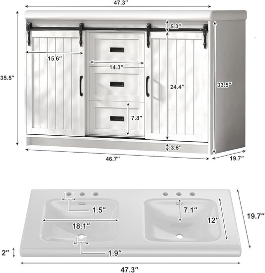 47'' Bathroom Sink Vanity Combo, Large Freestanding Double Bath Vanity Sink Set with 2 Drawers & 2 Sliding Doors, White Dual Basin Bathroom Storage Cabinet, White