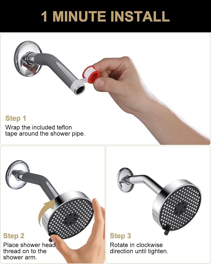 Bovepin 3 functions Rainfall Shower Head Replacement with 1.5 GMP Flow | G1/2" Universal Fitting, 360° Adjustable Brass Ball Joint, 1-Min Easy Install & Easy Clean, Chrome