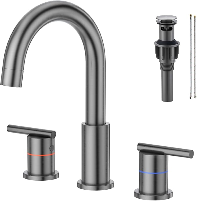 Faustina Gery Bathroom Faucet, 3 Hole, 8 Inch Widespread, 4 Inch Centerset, 2-Handle Stainless Steel
