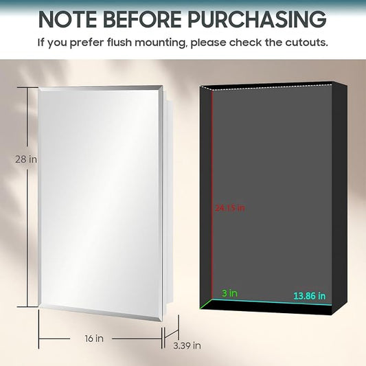 16x28 Plastic Medicine Cabinet with Mirror, Recessed or Surface Mount | 3 adjustable shelves, beveled mirror, soft-close reversible door, 95% assembled; cutout 13.86"W x 24.15"H x 3"D