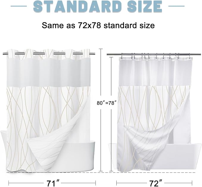 Beige Khaki No Hook Shower Curtain with Liner, 71 x 80 Inch | Stripe Pattern,Waterproof,Quick Dry,Mesh Top Window,Bottom Magnets,Hotel Style,Machine Washable,Modern,for Bathroom