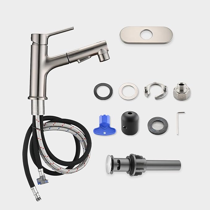 Bathroom Sink Faucet with Pull Out Sprayer, Single Handle Modern Bathroom Basin Faucet with Pop-up Sink Drain Stopper & Deck Plate 1 or 4-inch Centerset 3 Hole, Brushed Nickel