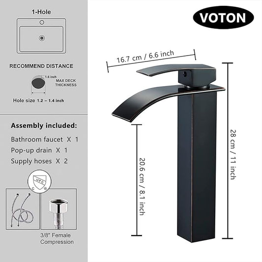 VOTON Vessel Sink Faucet Oil Rubbed Bronze Modern Tall Waterfall Bathroom Sink Faucet with Pop-Up Drain Single Handle Bathroom Faucet 1 Hole Bowl Lavatory Vanity Faucet Rv Sink Camper Farmhouse Faucet