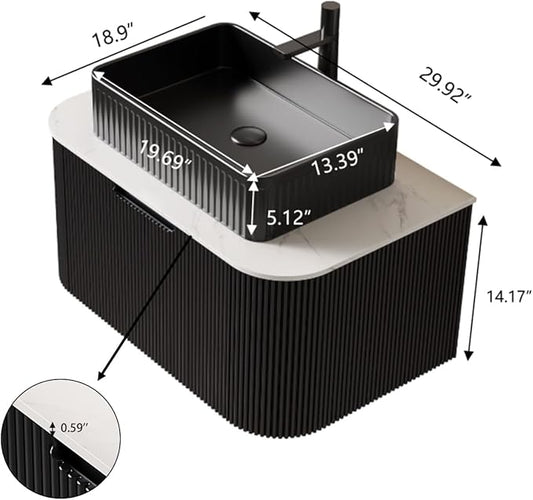 Yayzy 30" Floating Bathroom Vanity with Sink, Solid Wood Fluted Cabinet, Black Fluted Square Ceramic Basin & Faux Marble Top, Soft-Close Drawer, Pre-Assembled, Gloss Black