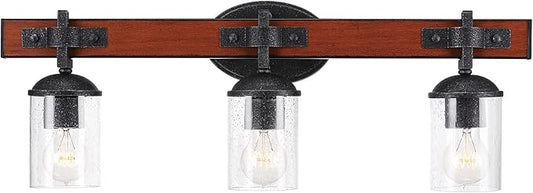 GLOBE Electric 51854 Kingston 3-Light Vanity Light, Dark Faux Wood, Galvanized Metal Accents, Clear Seeded Glass Shade, Bulb Not Included