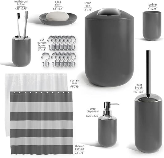 Clara Clark Bathroom Set - Gray Bathroom Accessories Set, 20PC Bathroom Accessory Set, Shower Curtain Set with Liner, Toothbrush Holder, Soap Dispenser, Soap Dish, Toilet Brush Holder, and Trash Can