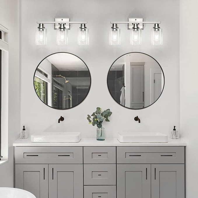 3 Light Bathroom Light Fixtures, Modern Vanity Lights Over Mirror, Brushed Nickel Wall Lamp with Clear Glass for Living Room Cabinet Bedroom Porch
