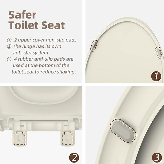 Round Toilet Seat, Slow Close Quick-Release Hinges, Heavy Duty Soft Close, Quiet-Close Lid And Seat For Standard Toilets, Easy To Install And Clean, Never Loosen, Almond/Bone(16.5”)