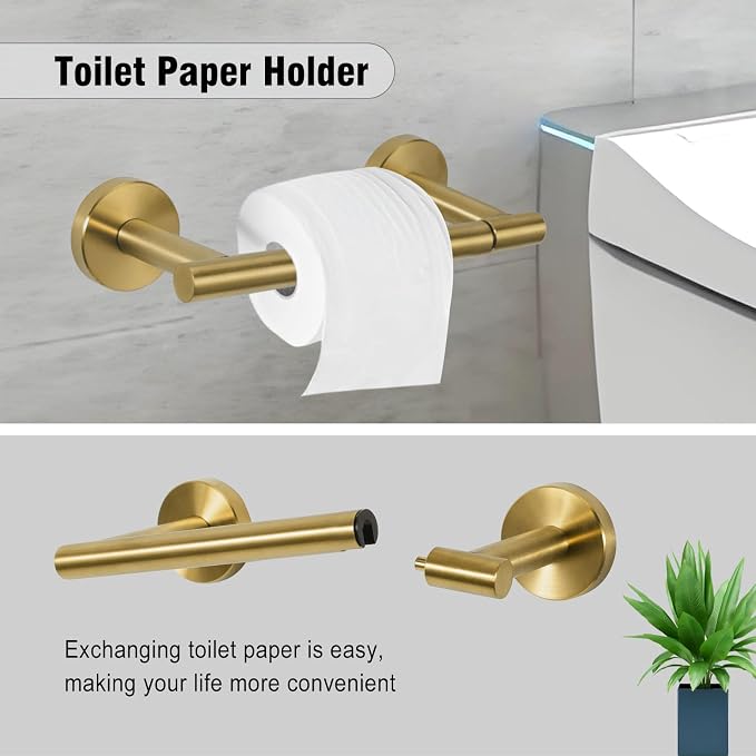 5 Piece Modern Style Wall Mounted Bathroom Hardware Set | #304 Stainless Steel, 24" Towel Bar Mount, Towel Rings, 2 Pillar Toilet Paper Holder, Bathrobe Hook (Brushed Gold)