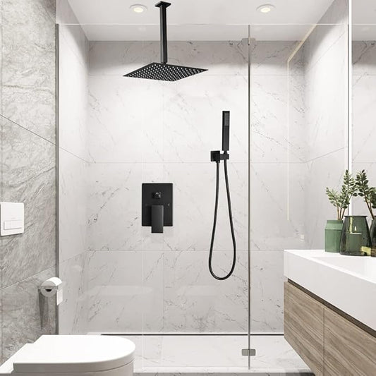 Matte Black Shower System Bathroom 12 Inch Rain Shower Head Ceiling Mount with Handheld Luxury High Pressure Shower Combo Set Shower Faucet Rough-in Valve Body and Trim Kit