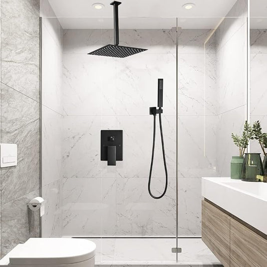 Matte Black Shower System Bathroom 16 Inch Rain Shower Head Ceiling Mount with Handheld Luxury High Pressure Shower Combo Set Shower Faucet Rough-in Valve Body and Trim Kit