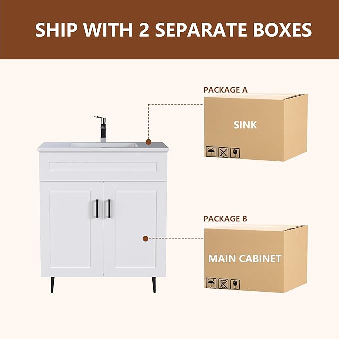 30 Inch Bathroom Vanity with Sink, Modern Wooden Freestanding Bathroom Storage Cabinet with 2 Doors and 1 Drawer, Metal Legs, Painted Surface, White