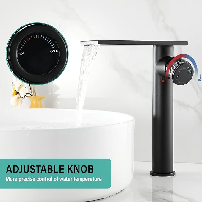 becola Modern Matte Black Bathroom Faucet,Tall Waterfall Faucet for Bathroom Sink,Single Hole Cold and Hot Basin Mixer Tap,Single Handle Vanity Faucet with Adjust Knobs and Two Supply Lines