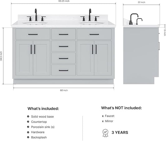 ARIEL Hepburn 60-inch Bathroom Vanity with Sink,Solid Wood, 1.5-inch Carrara White Quartz Countertop & Backsplash, Double Oval Porcelain Sink, 4 Soft Closing Doors, 6 Dovetail Drawers, Grey