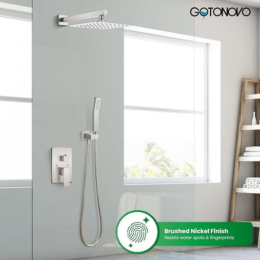 gotonovo Shower Faucet Set with Handheld Spray Brushed Nickel,10'' Head | SUS304 Rainfall Shower Head and Handle Set System Fixture,Pressure Balance Valve Trim Kit,Single Handle,Wall Mount,All Metal