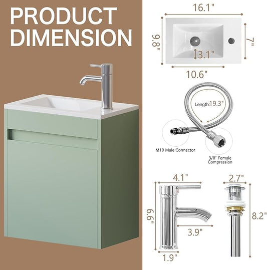 wonline 16" Small Floating Green Bathroom Vanity Sink Combo, Wall Mounted Narrow Single Cabinet with Resin Basin Sink Top, Water Saving Chrome Faucet & Pop-Up Drain
