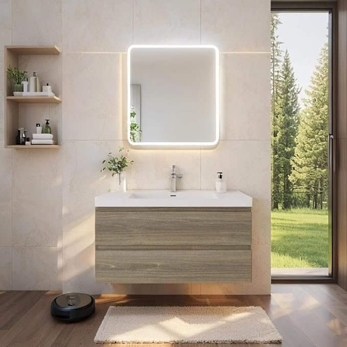 Floating Vanity Bathroom, 42 Inch Bathroom Vanity with Sink, Wall Mounted Single Sink Bathroom Vanity, Soft Closed 2 Drawers, Integrated Sink (Ash Grey)