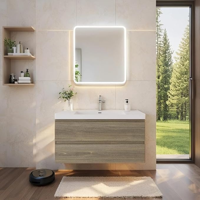 Floating Vanity Bathroom, 42 Inch Bathroom Vanity with Sink, Wall Mounted Single Sink Bathroom Vanity, Soft Closed 2 Drawers, Integrated Sink (Ash Grey)
