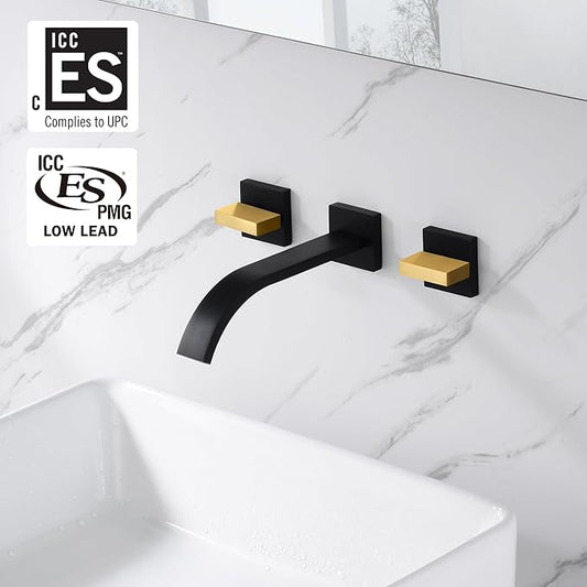 SUMERAIN Wall Mounted Faucet for Bathroom Sink Black and Gold Finish, Lavatory Basin Faucet with Two Handles and Rough in Valve
