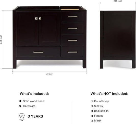 ARIEL Cambridge 42-inch Bathroom Vanity Base Cabinet,Solid Wood, 2 Soft Closing Doors, 5 Dovetail Drawers, Espresso