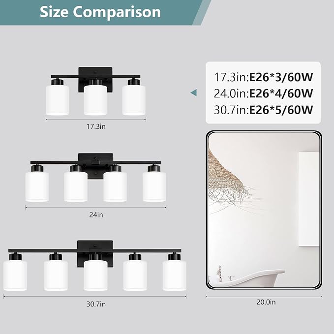 Black Bathroom Light Fixtures, 4-Light Modern Vanity Lights with Milky White Frosted Glass Shades, Wall Sconces for Mirror, Bathroom, Restroom (E26 Socket)