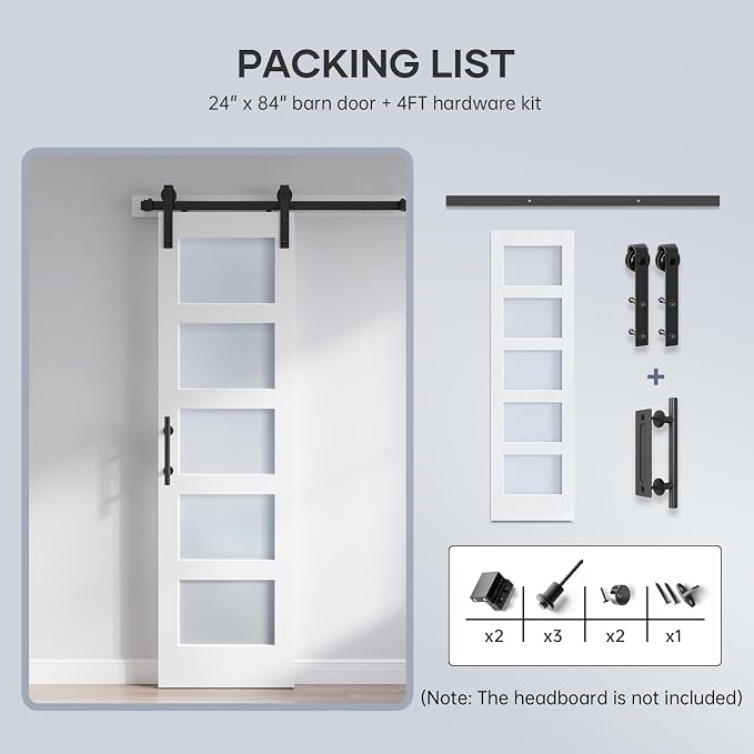 24x84 Inch Glass Sliding Barn Door Slab and 4ft Hardware Kit Included, 5 Frosted Glass, LVL Wood Panel Covered with White Water-Proof Scratch-Proof PVC Surface, Simple DIY Assembly