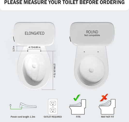 Electric Smart Bidet Toilet Seat, Warm Water and Adjustable Pressure, Elongated Heated Toilet Seat and Warm Air Drying, Slow Close Lid,Night Light,Wireless Remote,White (Elongated)