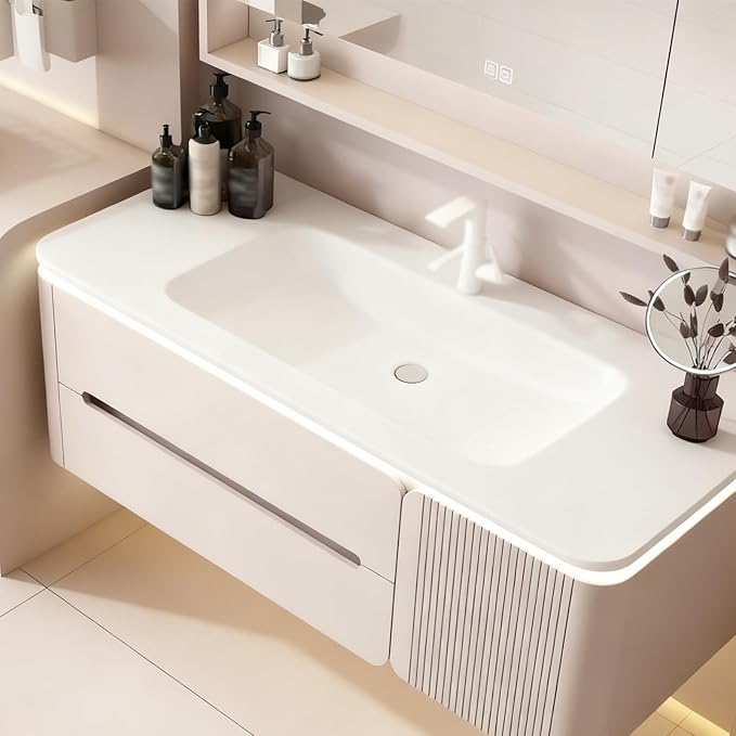 Modern wall mounted bathroom vanity, floating bathroom vanity with sink with double drawers, striped panel design, ceramic integrated basin, easy installation, suitable for small spaces (39.4in)