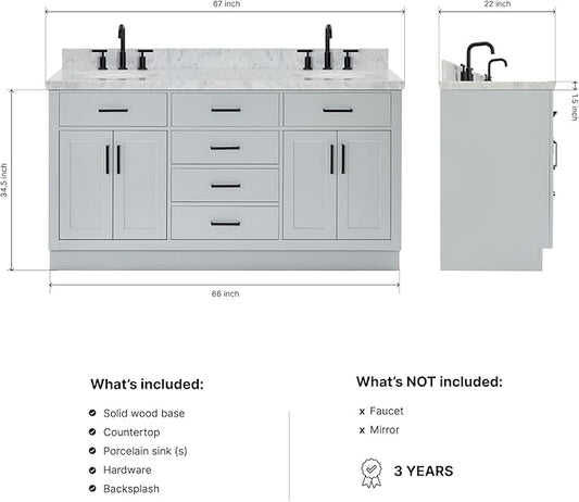 ARIEL Hepburn 66-inch Bathroom Vanity with Sink,Solid Wood, 1.5-inch Italian Carrara Marble Countertop & Backsplash, Double Oval Porcelain Sink, 4 Soft Closing Doors, 6 Dovetail Drawers, Grey