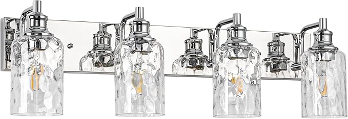 Bathroom Light Fixtures Over Mirror, 4 Lights Vanity Lights with Hammered Glass Shade, 30.8" Chrome Farmhouse Bathroom Light Fixtures for Bedroom, Porch, Hotel, Mirror Cabinet