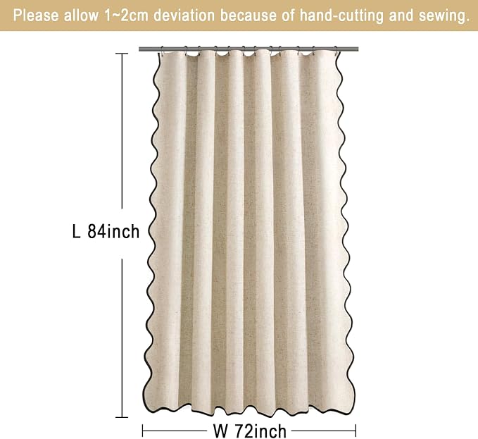Scalloped Shower Curtain Linen Boho Beige 72" W x 84" L | Linen Fabric, Black Border, Washable, Heavy Duty Cloth, Shower Curtain for Boho Farmhouse Bathroom Bathtub