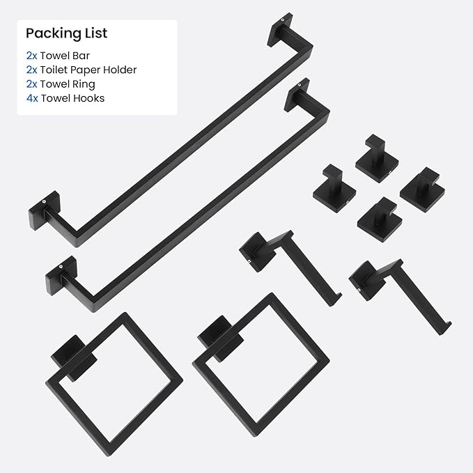 10 PCS Bathroom Hardware Accessories Set 23.6 Inch Stainless Steel Bath Towel Bar Set Square Towel Ring Set for Bathroom Wall Mounted, Black