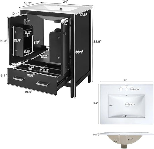 24" Freestanding Bathroom Vanity with Sink, Floor Stand Bathroom Storage Cabinet with Ceramic Sink, Doors with Double-Layered Storage Shelves, Modern Compact Vanity with Divided Drawer, Black