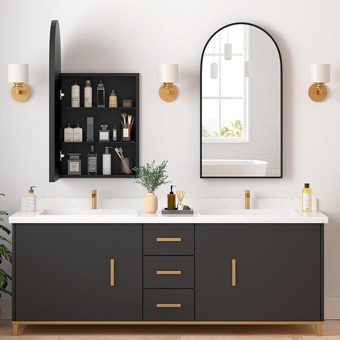 Medicine Cabinets for Bathroom, Black Arched Medicine Cabinet Recessed or Surface Wall-Mounted,Modern Bathroom Vanity Mirror with Storage, Mirrored Cabinet with Adjustable Shelves,16x31 Inch