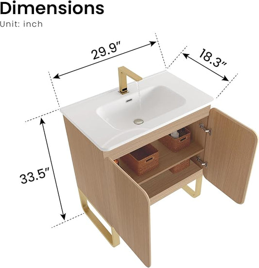 30" Bathroom Vanity Combo, Modern Bathroom Cabinet with Sink and 2 Soft-Closing Doors, Large Storage with Adjustable Shelf for Small Space, Light Wood - Dalia Collection