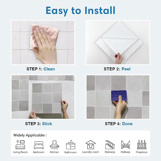 Thicker Peel and Stick 3D Backsplash Tiles Kitchen Bathroom | Gray, 10 Pcs 12" x 12", Glossy Self Adhesive Decorative Vinyl Backsplash Wall Sticker, Cover 10 sq ft,Removable,Waterproof