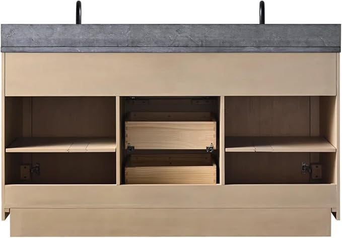 60 Inch Bathroom Vanity with Double Sink & Black Ceramic Top, MDF Material Vanity Cabinet with Basin Combo, Soft-Closing Doors, Removable Shelf, Backsplash