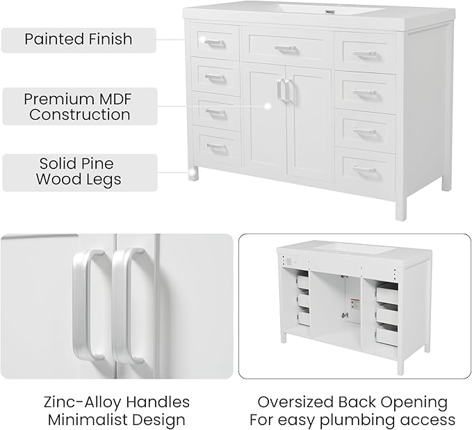 Harper & Bright Designs 48" Bathroom Vanity Set with Sink, Free Standing Single Basin Vanity Set with 2 Soft-Close Doors and 8 Drawers, Wood Storage Cabinet with Resin Basin for Bathroom, White