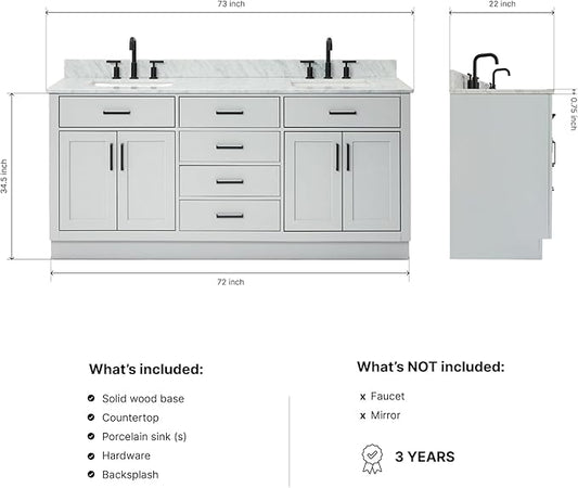 ARIEL Hepburn 72-inch Bathroom Vanity with Sink,Solid Wood, 0.75-inch Italian Carrara Marble Countertop, Double Rectangular Porcelain Sink, 4 Soft Closing Doors, 6 Dovetail Drawers, Grey
