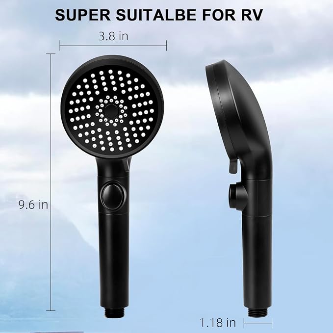 FOCSPROD RV Shower Head with Hose, High Pressure 5 Mode Shower Head Replacement, Handheld Showerhead for RV/Campers, Travel Trailer for Water Saving, Showerheads Holder and Hose, On Off Switch, Black