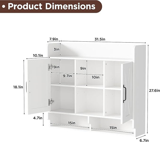 White Bathroom Wall Cabinet, Wall Mount Storage Cabinet, Floating Medicine Cabinet with 5 Open Shelves and 2 Deep Cabinets Over The Toilet for Laundry Room, Kitchen