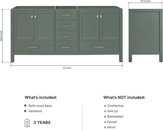 ARIEL Cambridge 72-inch Bathroom Vanity Base Cabinet,Solid Wood, 4 Soft Closing Doors, 6 Dovetail Drawers, Vintage Green