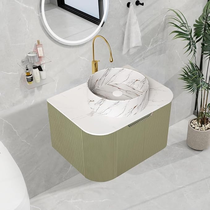 LKTART 24 Inch Floating Bathroom Vanity with Sink, Modern Wall Mounted Bathroom Storage Cabinet with Drawer, Stone Pattern Round White Ceramic Sink Top and Marble Texture Top, Green