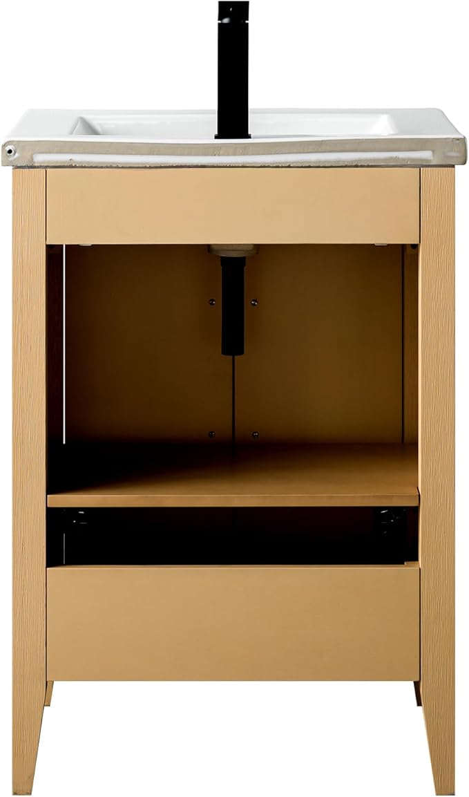 Vanity Art 24 inch Bathroom Vanity with Single Sink & Ceramic Top, Vanity Cabinet with Soft-Closing Doors, Solid Wood Frame, Natural Oak, VA9024-NO-BN1