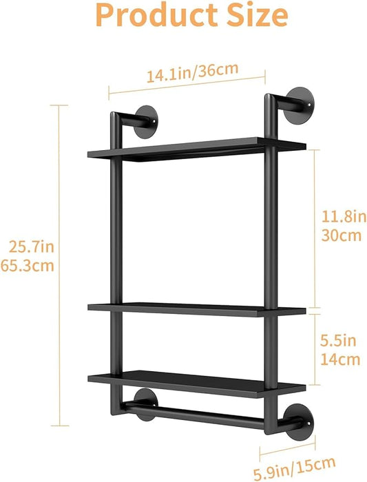 Bathroom Shelves Wall Mounted, 3 Tier Bathroom Shelf with Towel Bar, 26in Stainless Steel Floating Pipe Racks Over Toilet, Wall Shelves for Bathroom Laundry Room Kitchen Storage