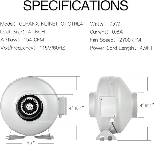 iPower 4 Inch 154 CFM Inline Ventilation Fan with Variable Speed Controller and 4” Air Carbon Filter 8 Feet Ducting, Combo Set for Grow Tent