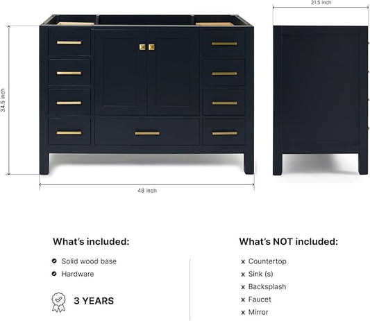 ARIEL Cambridge 48-inch Bathroom Vanity Base Cabinet,Solid Wood, 2 Soft Closing Doors, 9 Dovetail Drawers, Midnight Blue
