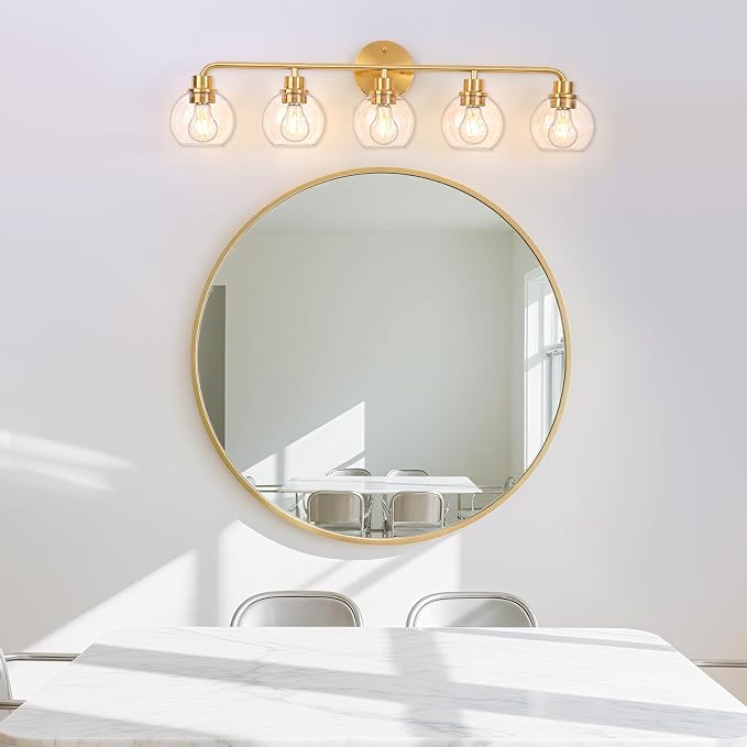 Bathroom Light Fixtures Gold Vanity Light 5 Light Brushed Brass | Wall Sconces Lighting with Clear Globe Glass Shades Bath Wall Lamp for Mirror Kitchen Living Room Bedroom Hallway
