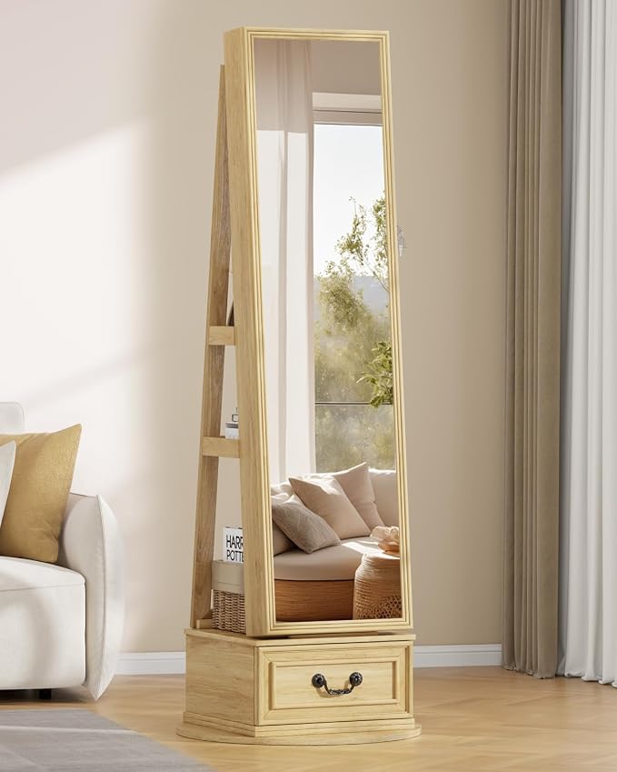 Vlsrka Mirror Jewelry Cabinet Standing with Lights, Lockable, Swivel, Wood | Standing Jewelry Armoire with Full Length Mirror, Large Jewelry Organizer Storage with Foldable Makeup Shelf, 3 LED Lights